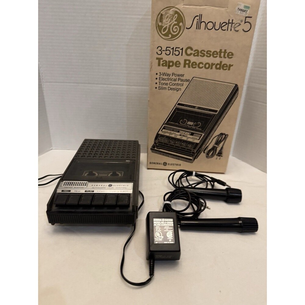 VTG General Electric Silhouette 5 3-5151 Cassette Recorder w/ Box & 2 Mics AC/DC